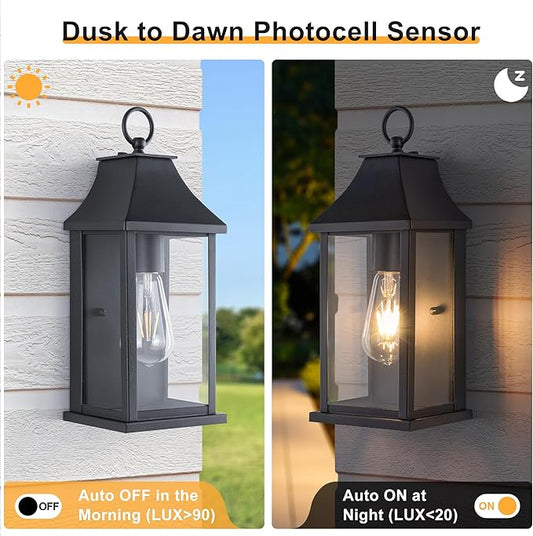 Dusk to Dawn Outdoor Light Fixtures, 15" Outdoor Wall Light Fixtures, Black Exterior Wall Sconce Lights, Waterproof Outside Lantern Lamp for Porch, Front Door, Garage
