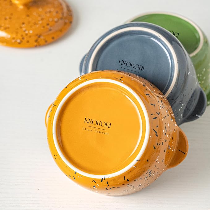 Stoneware Baking Ramekins Set of 4-10 Oz Mini Cocotte with Handles & Lids - Perfect for Oven Baking Souffle, Soup, Cobbler, Individual Serving Casserole Dishes, Orange