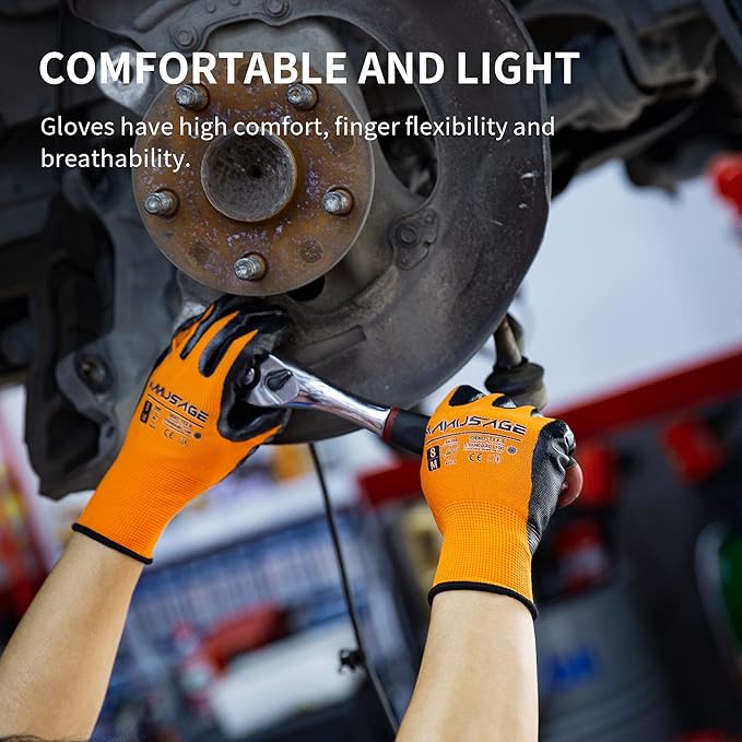 Safety Work Gloves Nitrile For Men and Women, with Touchscreen Fingers, Men's Work Gloves with Grip, Mechanics Gloves (Size XL, Orange, 24-pairs)