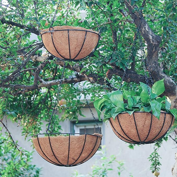 Metal Hanging Planters Basket Set of 3 Hanging Flower Pots 12 Inch Chain Round Wire Plant Holder with Coco Coir Liner Garden Watering Hanging Baskets for Patio Garden Outdoor1