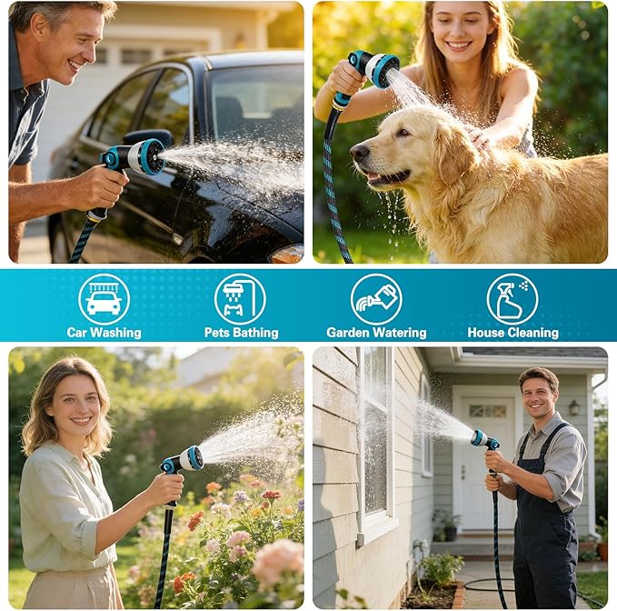 50FT Garden Hose, Non-Expandable Flexible Fabric Water Hose with 10-Function Spray Nozzle, Kink-Free & Lightweight Yard Hose with 3/4" Solid Brass Connectors for Lawn, Outdoor, RV & Marine Use