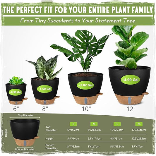 Self-Watering Pots for Indoor Plants 4 Pack, 6/8/10/12 Inch Outdoor Planters with Water Level Indicator & Deep Reservoir, Decorative Flower Pots for Home Decor (Black, 12+10+8+6 Inch)