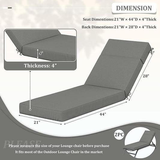 2 Pcs Chaise Lounge Cushions Outdoor, 72" L X 21" W X 4" D Lounge Chair Cushions for Outdoor Furniture, High-Density Foam Patio Chaise Cushion-Waterproof Fade-Resistant ThickPatio lounge chair cushion