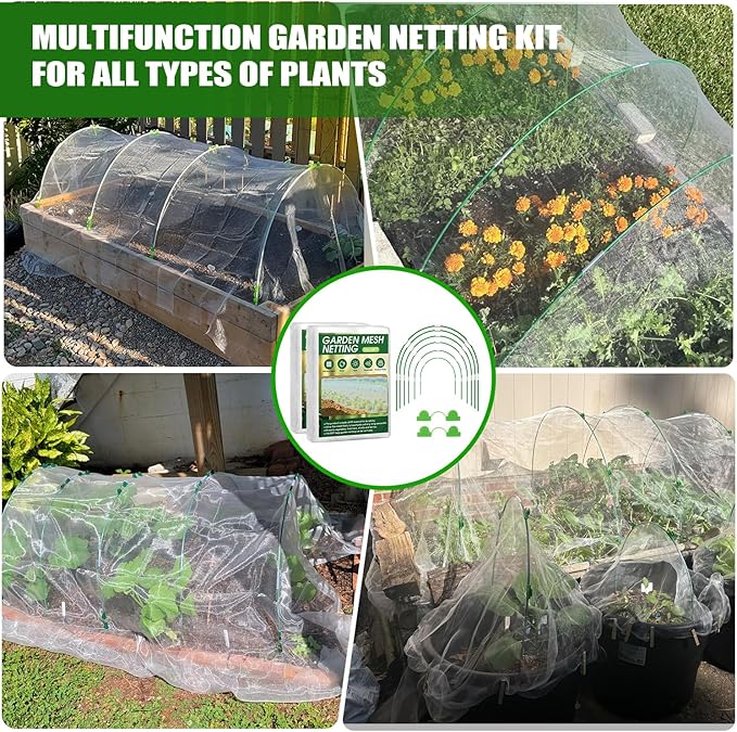 Garden Mesh Netting Kit, 2 Pack 10x30FT White Ultra Fine Netting & 8FT Fiberglass Garden Hoops, Garden Netting with Frame for Raised Beds, Garden Hoops and Netting for Row Cover, Plant Insect Barrier