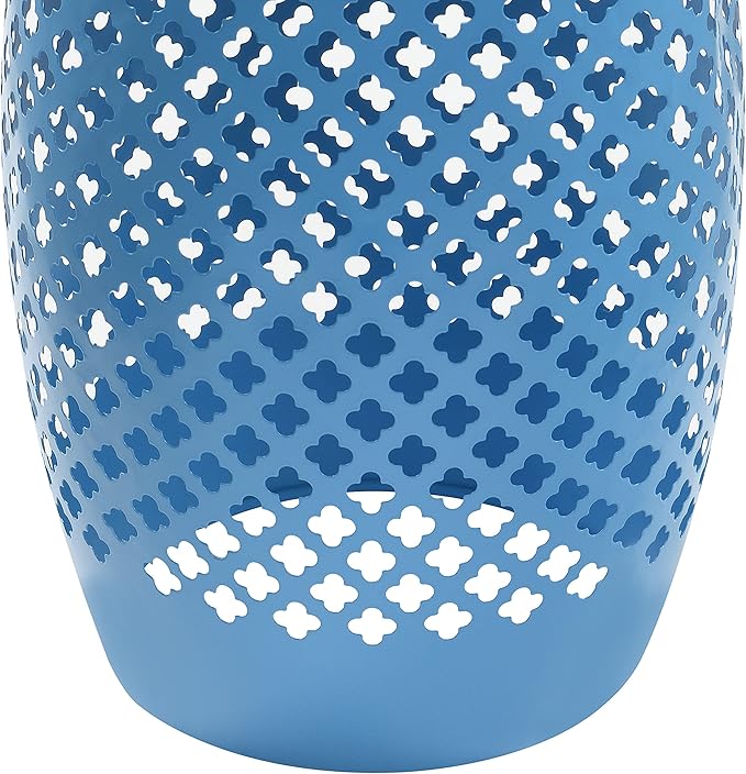 AC Pacific Outdoor Indoor Lace-Cut Iron Drum Side Table, Powder-Coated, Unique and Versatile Metal Pedestal Stand, Modern Contemporary Accent Piece, Blue