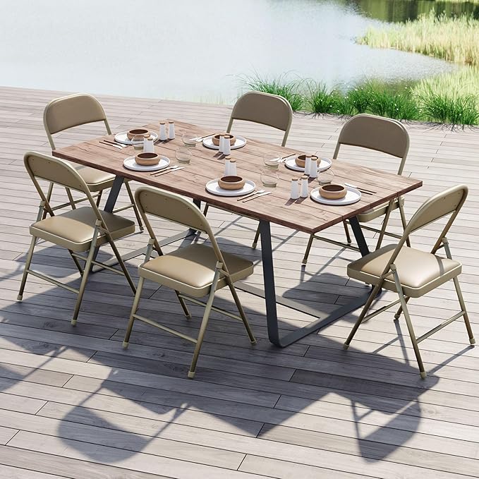 Nazhura 4 Pack Folding Chairs with Padded Vinyl Cushion Chairs with Comfortable Cushion and Durable Steel Frame for Home and Office, for Indoor and Outdoor Events (Kahki, Vinyl)