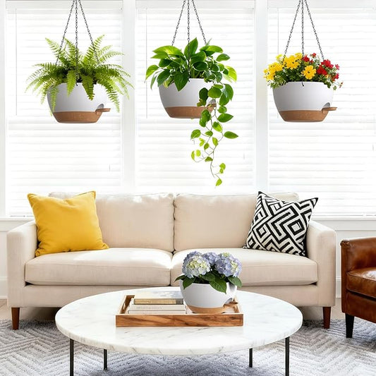 UOUZ Set of 3-10 Inch Self Watering Hanging Planters for Indoor Outdoor,Hanging Plant Pots with Drainage & Removable Tray, Hanging Pots Holder for Pothos Plant, Ferns, Balcony & Patio,White with Brown