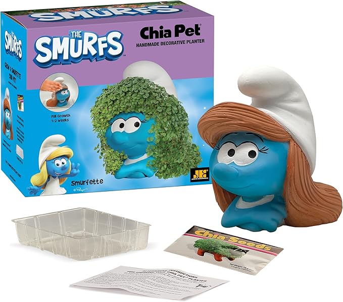 Chia Pet Smurfette with Seed Pack, Decorative Pottery Planter, Easy to Do and Fun to Grow, Novelty Gift, Perfect for Any Occasion