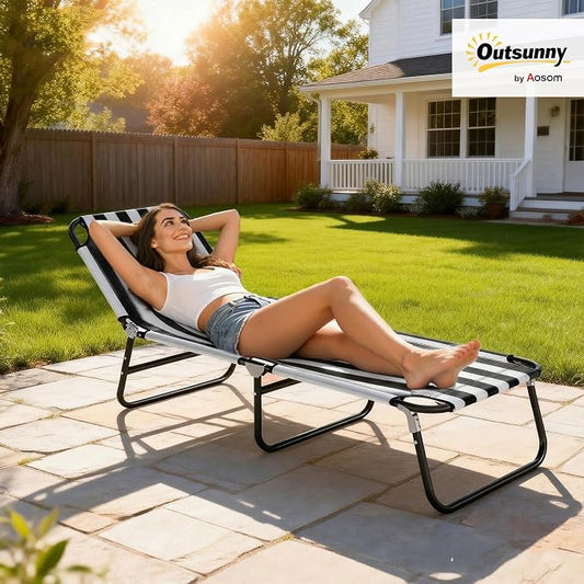 Outsunny Folding Chaise Lounge Chair with 5-Level Back, Black and White | Pool Sun Tanning Chairs, Breathable Mesh Seat, Headrest, for Pool, Beach, Yard, Patio, Outside