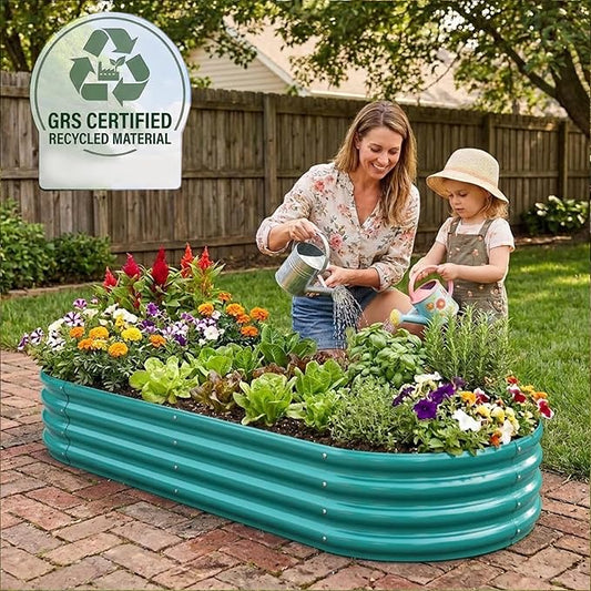 Rakukiri Raised Garden Bed GRS Certified Galvanized Planter Box Outdoor, 6.5ft Oval Rot-Resistant Metal Garden Bed Planter, Recycled Material Planter for Vegetables Flowers Herbs (Green)