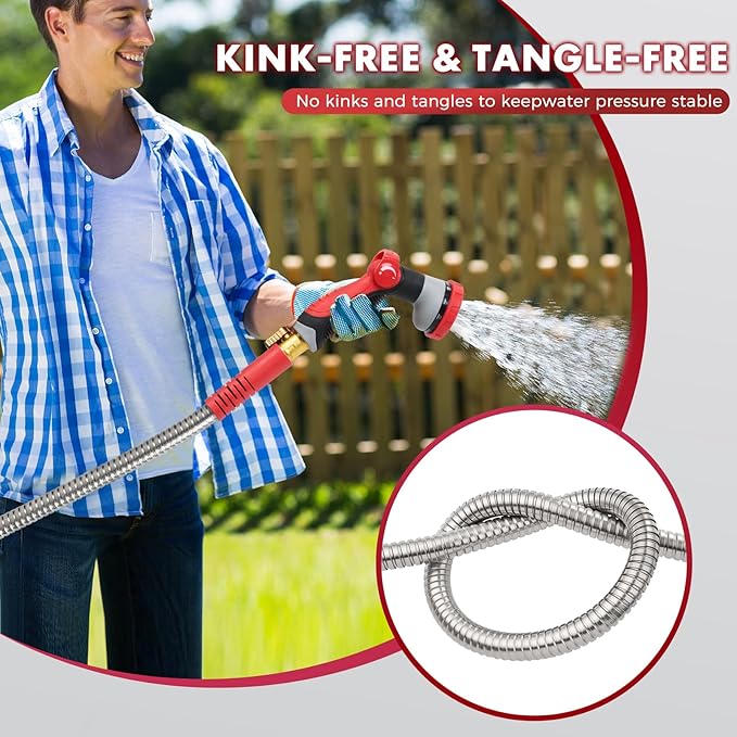 Stainless Steel Garden Hose 50ft, Heavy Duty Water Hose with 10 Functional Nozzles, No Kink, Lightweight and Flexible, Strong and Durable, Suitable for Outdoor,Yard and Lawn