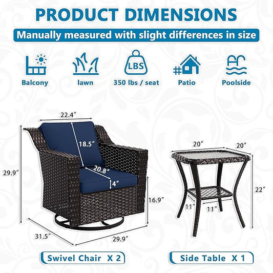 VistaVibe 3 Pieces Outdoor Patio Conversation Furniture Set - 360 Degree Swivel Glider Rocker Chairs | Wicker End Table, Washable Cushions, Hand-Woven PE Rattan, Lawn, Sunroom (Brown/Navy)