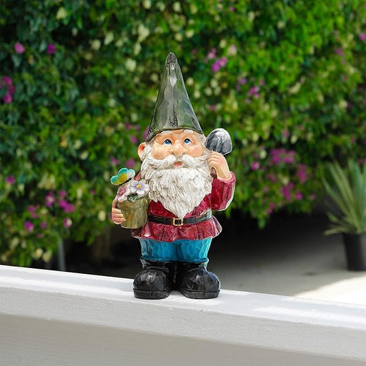 Alpine Corporation 12" Tall Outdoor Garden Gnome with Flower Pot Yard Statue Decoration