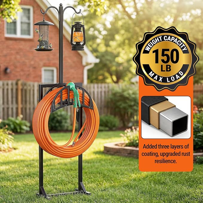 Garden Hose Reel Holder, Water Hose Stand for Outside with 4 Stake and 2 Shepherds Hooks, Freestanding Hose Storage Holds 150Ft, Heavy-Duty Metal Hose Hanger Rack for Yard, Lawn, Farm, Coffee