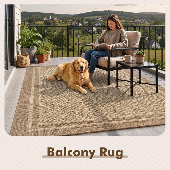 MontVoo-Outdoor Rug-Patio Rug 5x7 Polypropylene Indoor Outdoor Rugs Outdoor Carpet for Patio Deck Balcony Porch, Textured Weave, Durable for High Traffic, Fade-Resistant, Boho Farmhouse Neutral Brown