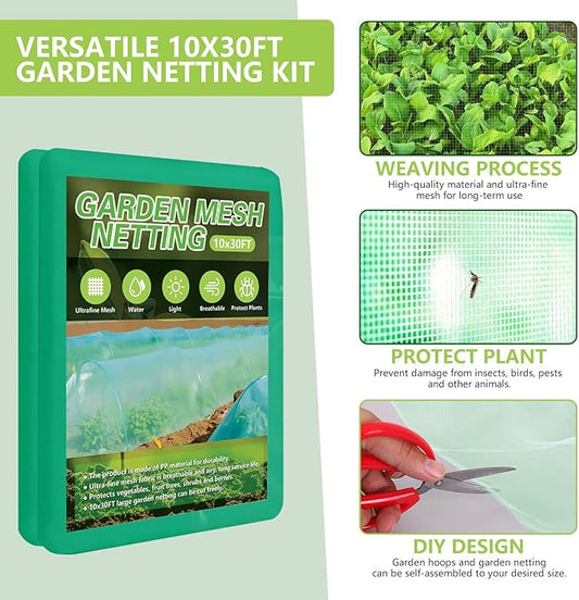 Garden Netting Kit for Raised Beds, 10x30FT Green Ultra Fine Mesh Netting &6 Sets of 8FT Garden Hoops, Insect Netting Row Cover Net Protect Plants Vegetable Fruits Flowers