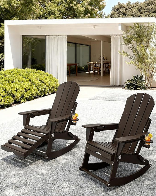 Adirondack Rocking Chairs Set of 2 with Retractable Ottoman, All Weather Folding Adirondack Chair with Two Cup Holders, Adirondack Outdoor Rocking Chairs for Porch, Patio, Balcony. Coffee