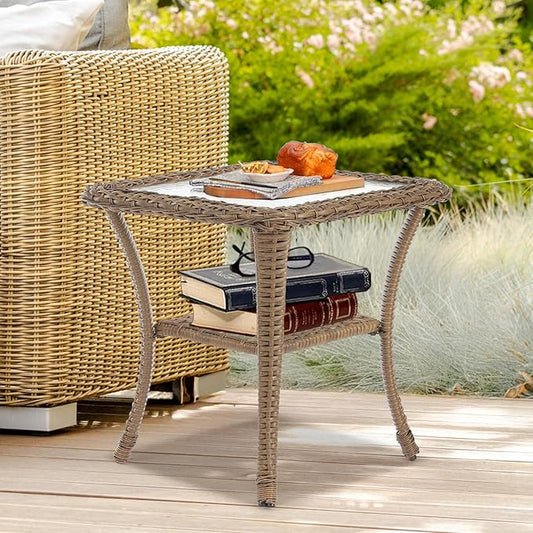 VIVIJASON Outdoor Wicker Side Table, All-Weather Rattan Patio Side Table Bistro Table with 2-Tier Storage, Tempered Glass Top Square End Table for Indoor, Balcony, Garden, Porch, Deck, Brown
