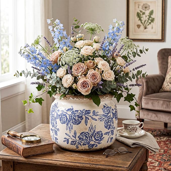 7.7" Large Vintage Ceramic Plant Pot Blue White Rose Crackle Glaze Rustic Flowers Pot Decorative Planter with Drainage for Indoor Outdoor Plants Kitchen Office Home Decor Gift