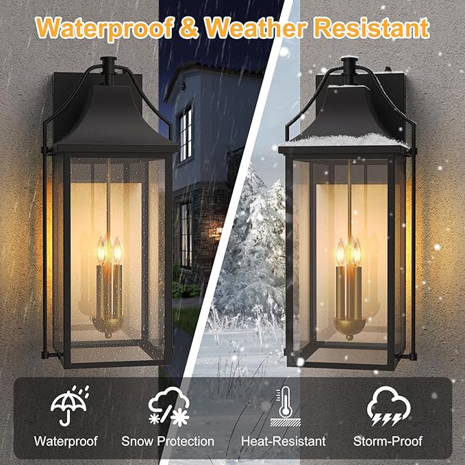 ๐ฎ๐ฑ-๐๐ก๐๐ Outdoor Wall Lights Fixtures, Large Size Dusk to Dawn Waterproof Exterior Lanterns, Modern Porch Sconce Wall Mounted with Glass, Black Outside Lights for House Patio Front Door