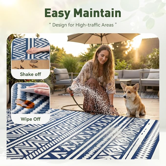 MontVoo Outdoor Rug 8x10 Waterproof Outdoor Patio Rug Mat Reverisble Plastic Straw Outdoor Rug for RV Camping Picnic Beach Balcony Boho Navy Blue