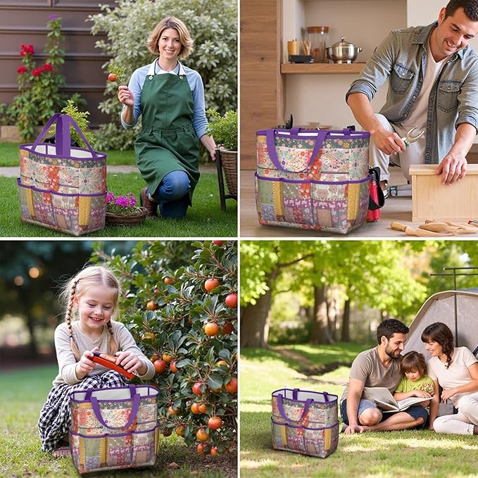 Boho Garden Tool Bag - Waterproof Floral Garden Tote with 8 Pockets, Large Storage Home Organizer Gardening Tool Oxford Bag for Garden Tools Kits Holder, Ideal Outdoor Gardening Gift for Women & Men
