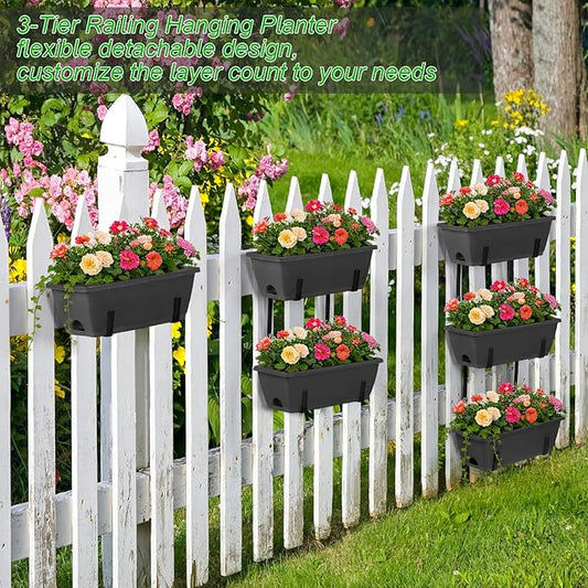 OYEAL Deck Railing Planters Vertical Garden Hanging Planter Boxes with Adjustable Brackets, Set of 2 Hanging Flower Pots for Railing Fence with 6 Plastic Planter Boxes, Grey