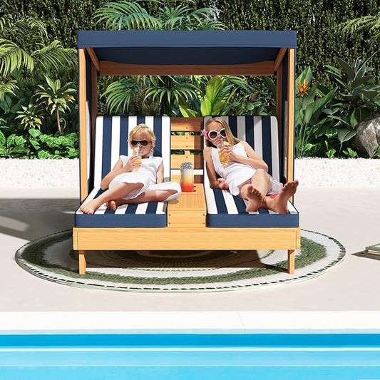 COSTWAY Kids Double Chaise Lounge Outdoor, 2-Seat Patio Lounge Chair with Cup Holders & Cushions, Kids Pool Lounger with Canopy, Wood Patio Furniture for Children Boys Girls 3 Year Old (Navy)