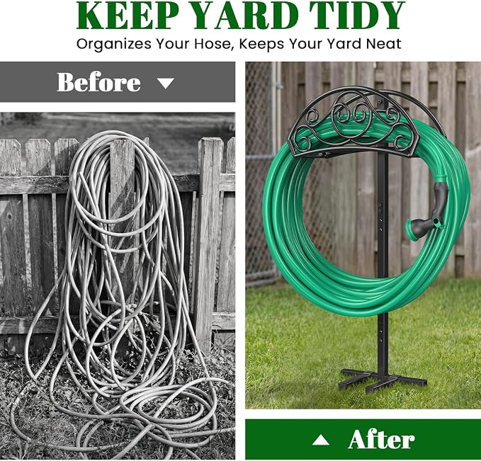 Sunvigor Garden Hose Holder, Heavy Duty Metal Hose Stand with 4 Spikes, Holds Up to 150FT Hose, No Drill Freestanding Hose Reel Alternative for Yard Lawn Outdoor