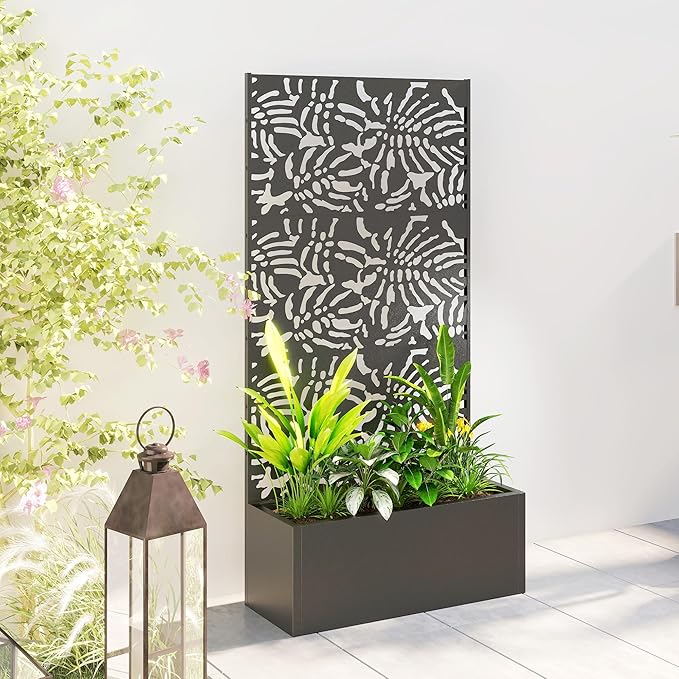 Outsunny Metal Planter Box with Trellis, 71" Tall Raised Garden Bed with Trellis Privacy Screen and Drainage Holes, Banana-Leaf Cut-Out Outdoor Privacy Planter for Climbing Plants, Vegetables, Vines