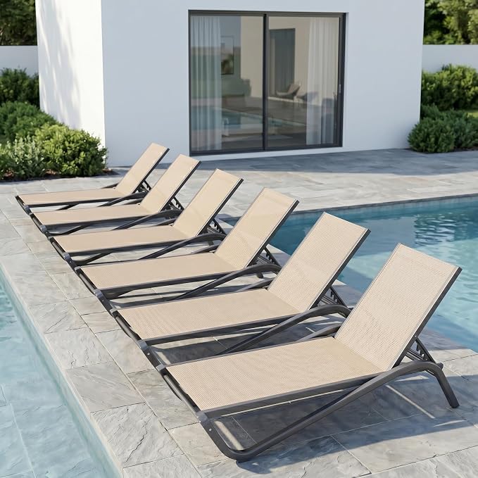 Adjustable Patio Chaise Lounge Chair, Outdoor Pool Lounger for Sunbathing & Tanning, All-Weather Textilene Sun Bed for Beach, Porch & Deck, Rust-Proof Aluminum Frame, Beige
