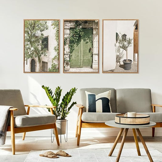 CHDITB Vintage Italy City Framed Wall Art, Nature Botanical Olive Green Wall Decor, Rustic Italian Landscape Painting, Modern Minimalist Country Art Prints for Living Room, Bedroom, Office 24"x36"x3