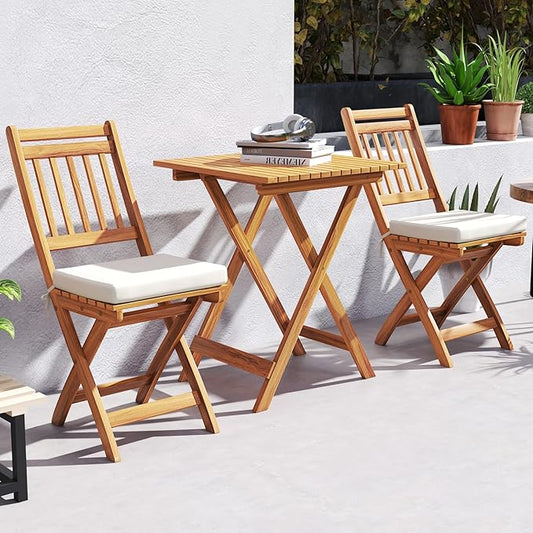 KOTEK Outdoor Folding Bistro Set, 3 Pieces Acacia Wood Bistro Set with Soft Cushions, Patio Bistro Table and Chairs for Backyard, Porch, Poolside (Vertical Slats)