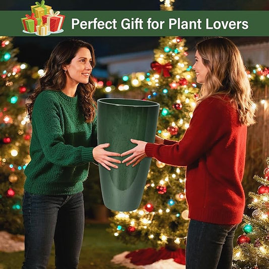 Set of 2 Lightweight Ceramic-Look Tall Planter, 21 inch Large Plastic Planter with Drain Hole & Saucers, Large Outdoor Planters for Porch, Garden, Patio, Balcony(Dark Green)