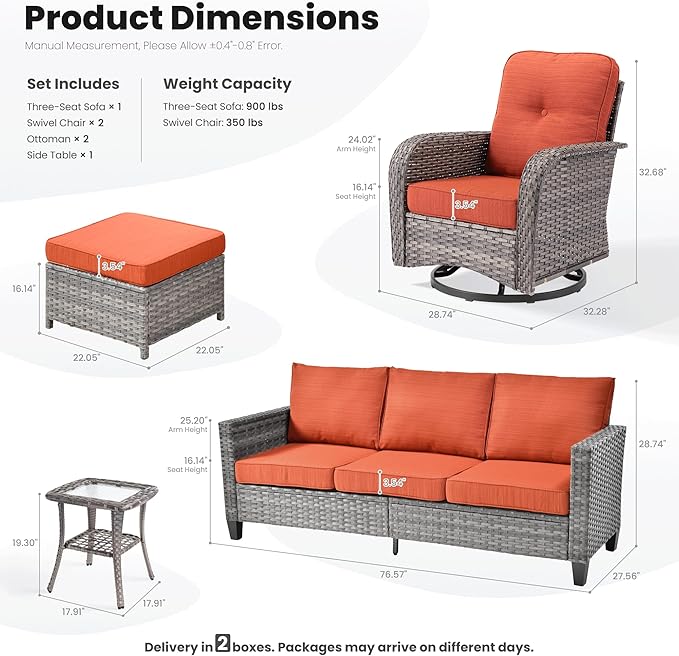 ovios 6 Pieces Patio Furniture Set, Outdoor Wicker Sofa Couch with Rocking Swivel Chairs Comfy Cushions, Modern Deep Seat Rattan Conversation Sets for Porch Deck, Orange Red