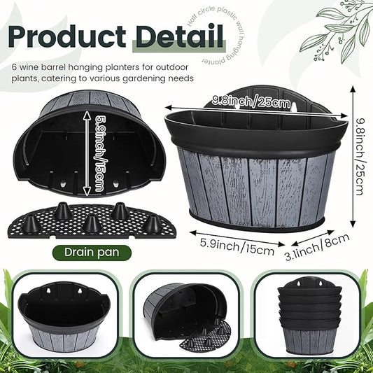 Layhit 6 Pcs Wall Hanging Planters Outdoor Pot Planter Wine Barrel Planter Distressed Oak Thickened Plastic Water Storage Flower Pots for Flower Indoor Outdoor(10 Inches,Black)