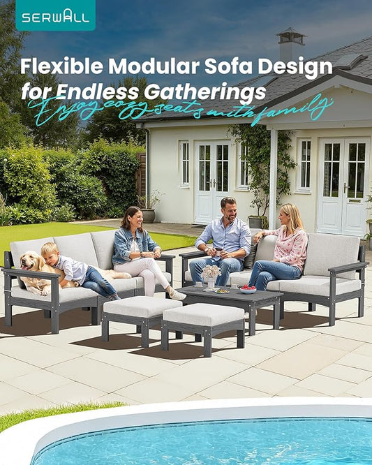 SERWALL 9 Pieces Patio Sofas with 15FT Double Side Patio Umbrella, All-Weather HDPE Outdoor Sectional Sofa, Large Modular Conversation Set for Patio, Garden, Deck, Grey Frame with Khaki Cushion