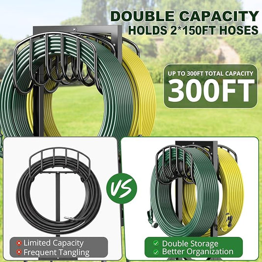 HeroicLion Garden Hose Holder Holds 2 x 151FT Hoses, Heavy-Duty Metal Freestanding Hose Stand Hanger with Stable Base, Rustproof Double Water Hose Holders for Outside Yard Lawn Farm, Black