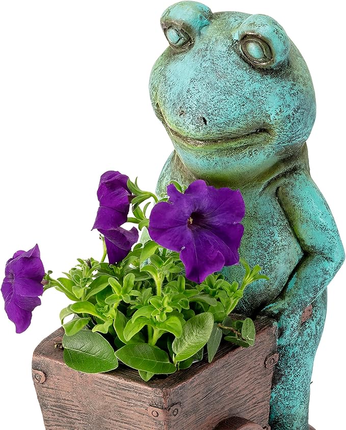 Alpine Corporation ZEN716 Outdoor Frog Pushing Wagon Planter, Garden Statue Decoration, 15" Tall, Green