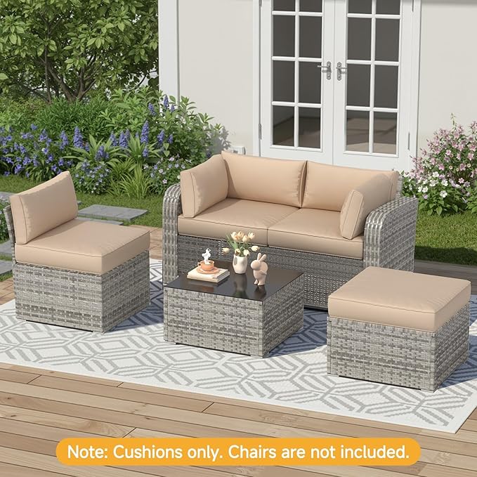HOMREST Outdoor Sectional Cushions Set of 9, Waterproof Patio Furniture Cushions for 4-Seat Rattan Wicker Sofa, Deep Seat Couch Cushions with Non-Slip Bottom & Machine Washable Covers,Khaki