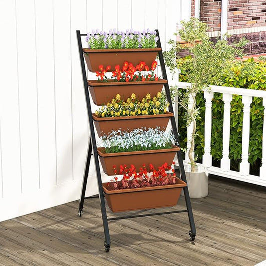 Giantex Vertical Raised Garden Bed on Wheels, 5-Tier Elevated Planter Boxes, Garden Beds with Drain Hole, Freestanding 5 Containers for Herb Vegetables Flowers Growing, Indoor Outdoor Patio Balcony
