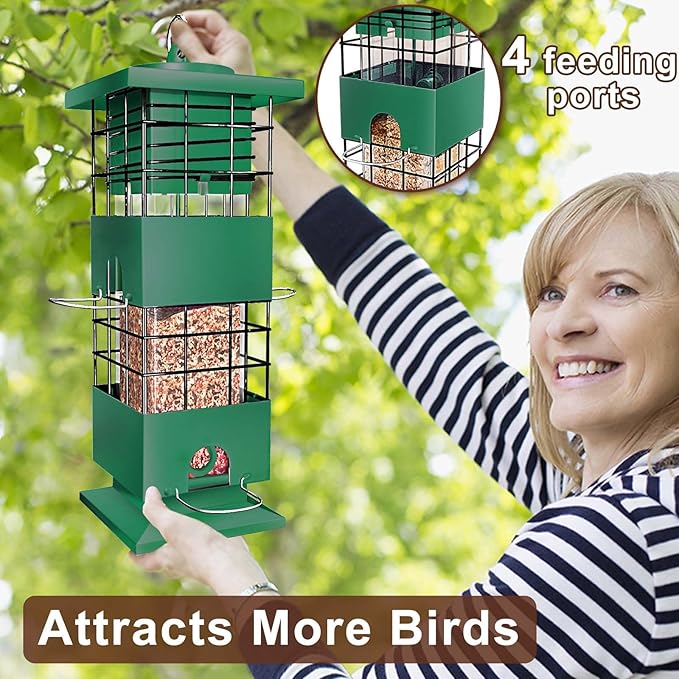 Squirrel Proof Bird Feeder, 3LBS Large Capacity Hanging Bird Feeders with Weight-Activated Perches for Outdoors, Metal Anti-Squirrel Wild Birdfeeder for Blue Jay, Cardinal, Outside (Green)