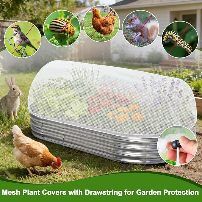 2 Pack Garden Netting for 8x4x1ft Raised Beds, Ultra-Fine Mesh Plant Covers with Drawstring&10 Clips, Bird, Pest & Small Animal Barrier for Protecting Vegetables, Fruits & Flowers