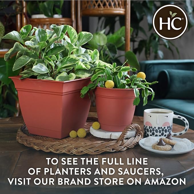 The HC Companies 8 Inch Eclipse Square Planter Pots with Drainage Holes & Attached Saucer, Lightweight UV-Resistant Plastic Indoor Outdoor Planters, 4-Pack Flower Pots for Garden Home Decor, Sandstone