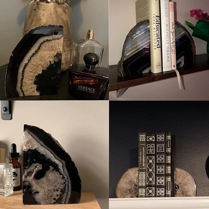 JIC Gem Black Agate Bookend(s) Bookends for Shelves to Hold Books geode bookends with Rubber Bumpers for Office and Home Decoration(1 Pair 2 to 3 Lbs)