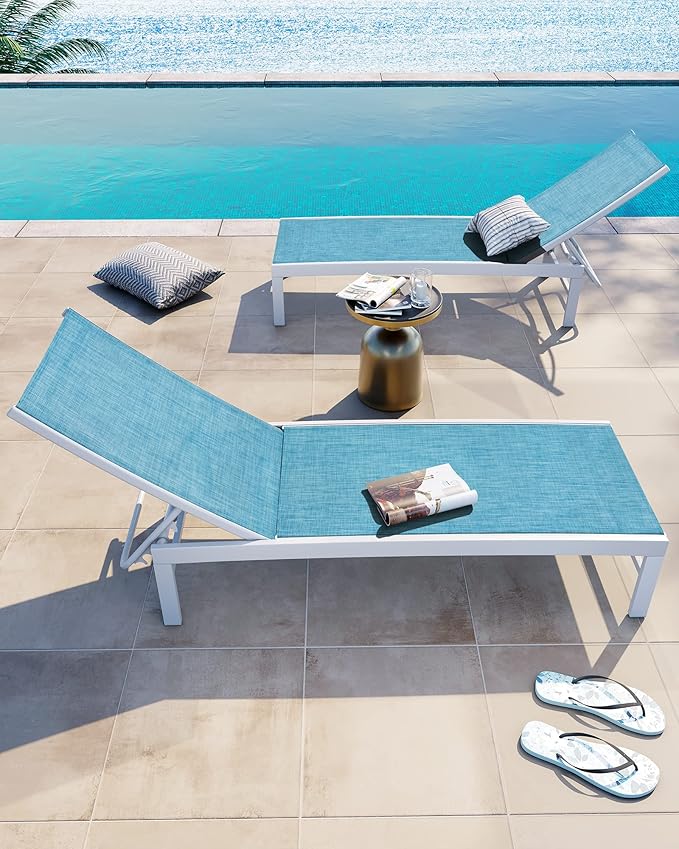 Crestlive Products Lounge Chair Outdoor Set of 2, Aluminum Pool Chaise Lounge Chairs, Adjustable Five-Position Tanning Recliner, All Weather for Patio, Beach, Yard, Pool (Blue)