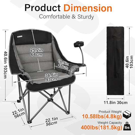 Camping Chairs for Adults-Oversized Extra Large Lawn Chair,Folding Comfy Padded Chair w/Phone Holder,Side Pocket,Cup Holder for Outdoor,Wide&Thick,Heavy Duty 400Lbs,Black