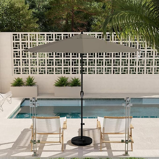 California Umbrella 9' Rd Aluminum Patio Umbrella, Crank Lift, Auto Tilt, Black Finish, 4yr Fade Warranty, Taupe