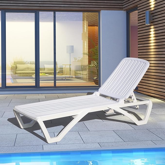 Domi Patio Outdoor Chaise Lounge Chairs Set of 4, All-Weather Plastic Adjustable Reclining Loungers, Stackable Tanning Lounge Chair w/Wheels, for Beach Garden Lawn Pool, White