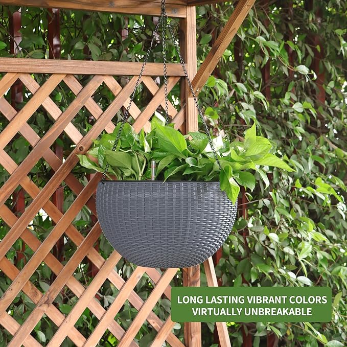 Dexceder 13.5 Inch Large Self Watering Hanging Planters Indoor Outdoor, Thickened Hanging Basket Flower Plant Pot with Water Level Indicator (Gray)